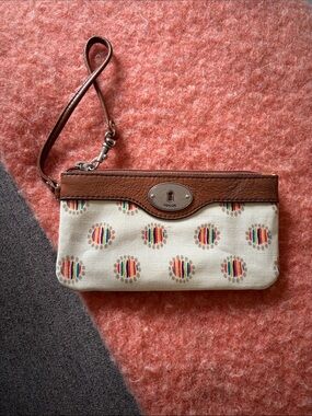 Fossil Cream Canvas Wristlet with Brown Leather Trim and Multicolor Dots